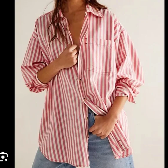 Large Freddy Shirt Free People - We The Free Red (pink ish) White Striped Shirt - Picture 7 of 14